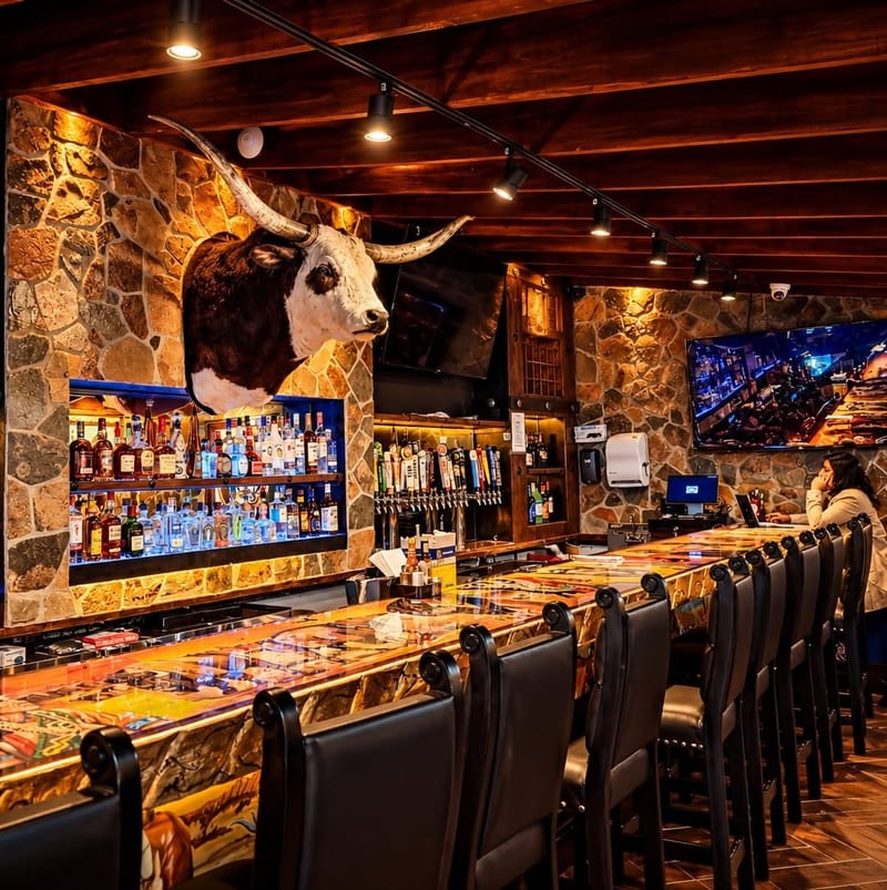 The bar: stone walls, a mounted longhorn head, lit bottle shelves and tall black stools