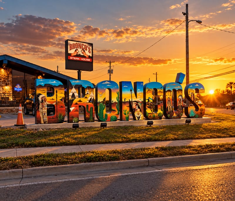 The giant painted BRONCO&rsquo;S letters beside the road on South Main Street at sunset, with the pole sign behind