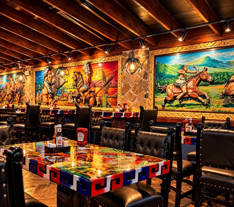 The dining room: painted murals on every wall, lantern lights, mosaic tables and black leather chairs