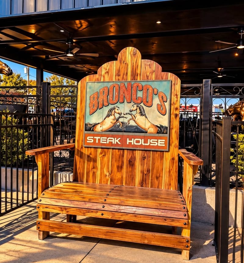 The giant carved wooden Bronco&rsquo;s Steak House chair on the covered patio