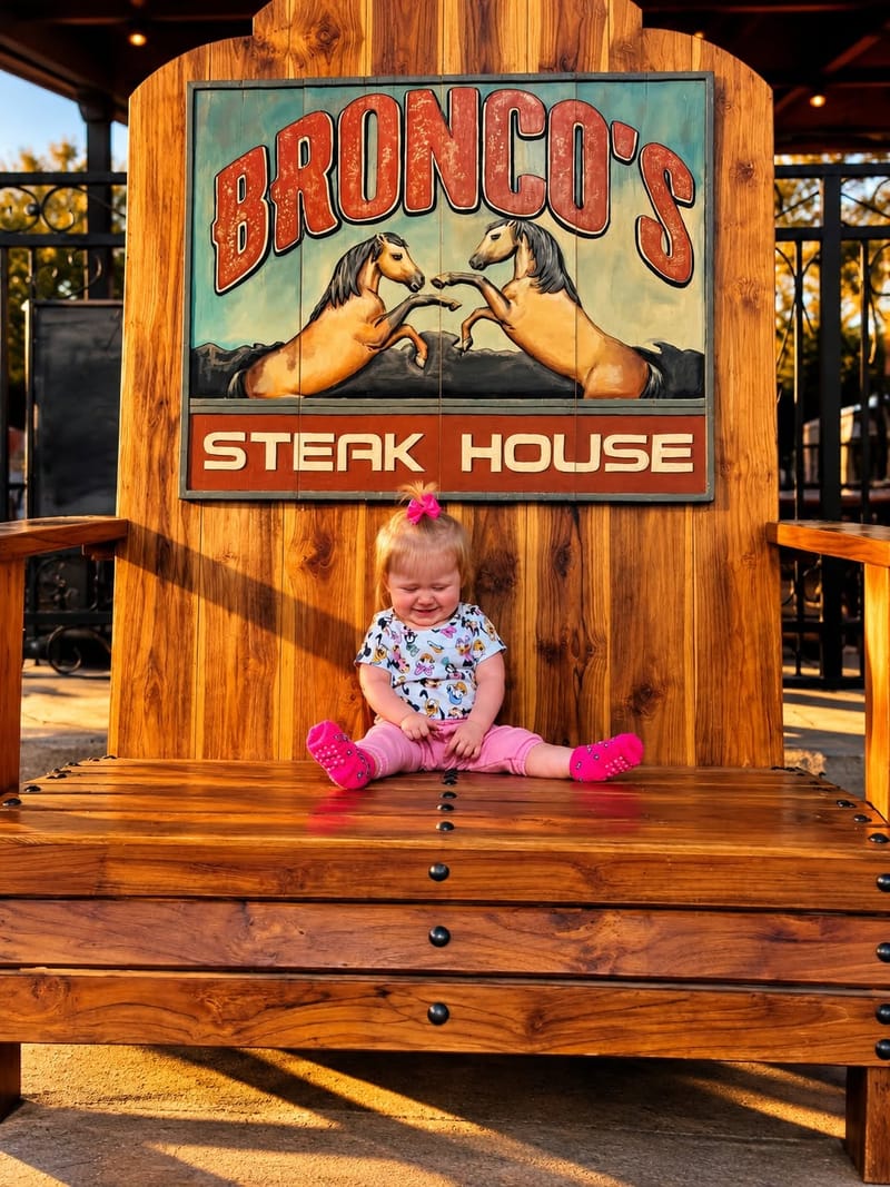 A little girl in a cowgirl outfit sitting in the giant Bronco&rsquo;s Steak House chair