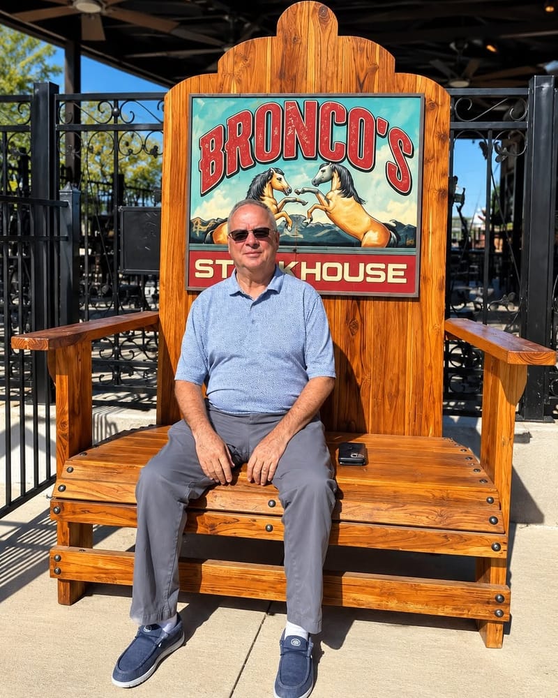 A guest sitting in the giant Bronco&rsquo;s chair on opening day