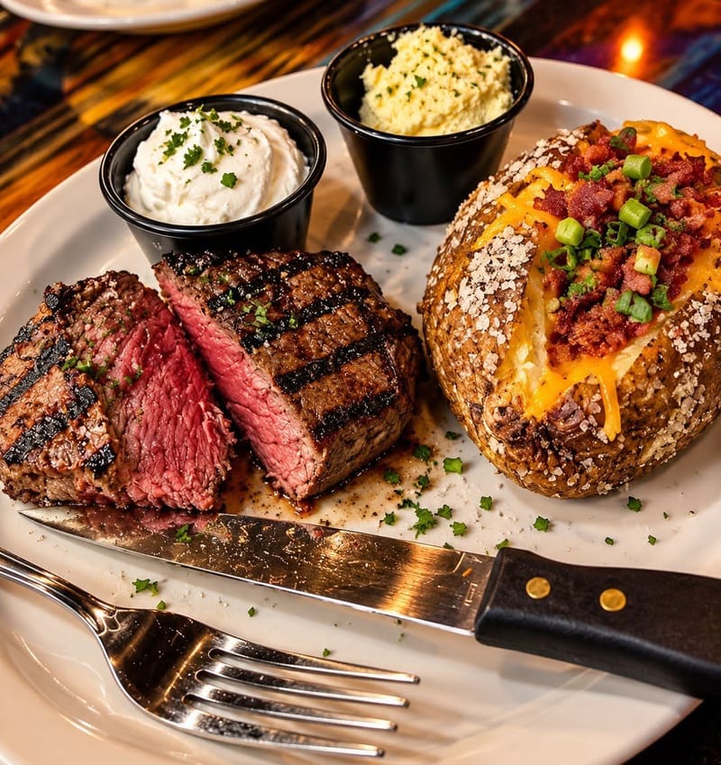 Grilled steak with a loaded baked potato, a house meal at Bronco&rsquo;s in Williamstown, KY