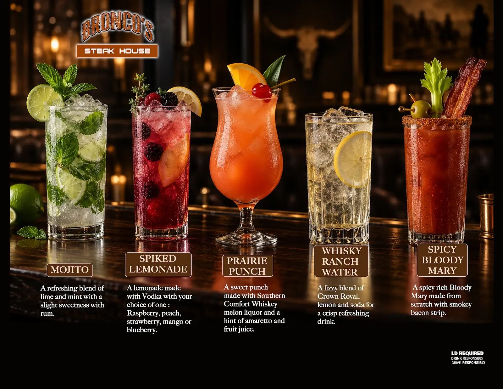 Bronco&rsquo;s cocktails on the bar: a mojito, spiked lemonade, prairie punch, whisky ranch water and a spicy Bloody Mary with a bacon strip